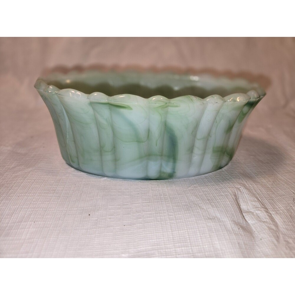Vintage Akro Agate Green Slag Glass Dish Planter